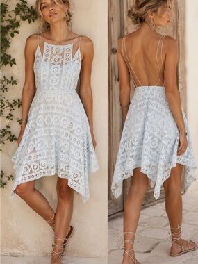 Free People Just Like Honey Mini Dress Pale Blue Crochet Lace Handkerchief Hem 4
